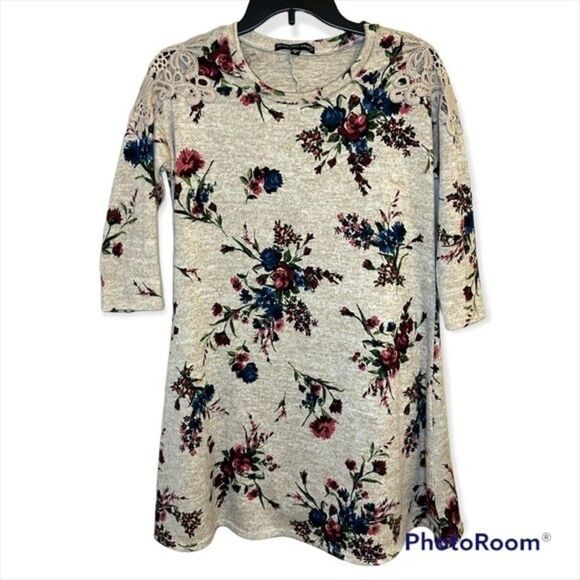 Three Pink Hearts Tan Floral Tunic Dress Size M - Picture 1 of 5